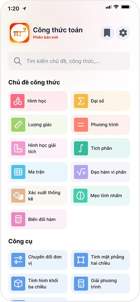 Màn hình chính app Công thức Toán với các chủ đề mã hóa bằng màu
