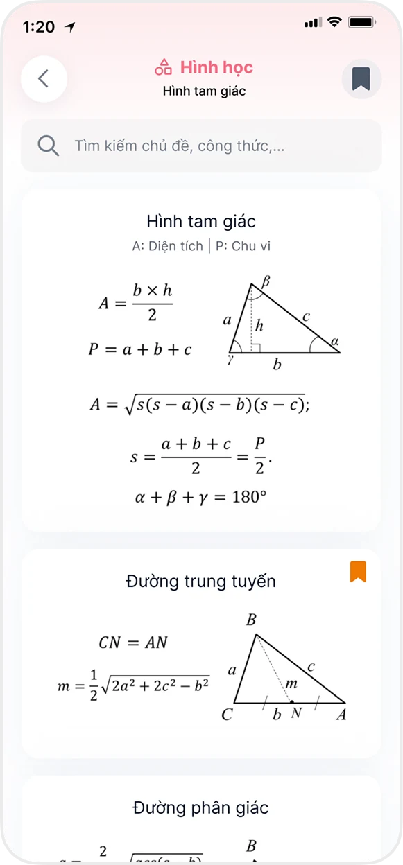 Triangle formula card shown next to its geometry diagram