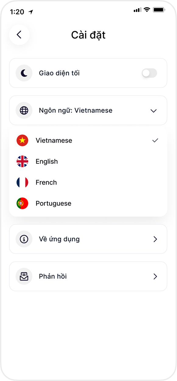 Cài đặt đa ngôn ngữ: Việt, Anh, Pháp, Bồ Đào Nha
